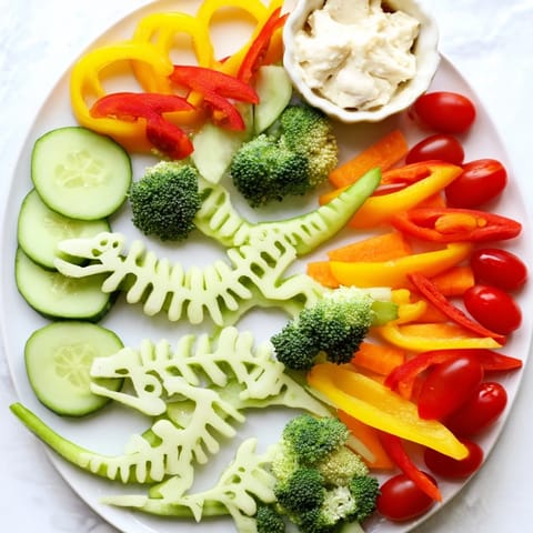 Colorful Dino-Mite Dinosaur Fossil Crudités platter showcases assorted veggies artfully arranged like fossils ready to eat.