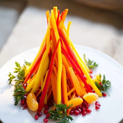 Edible flames of carrot, peppers, and mandarin create a beautiful Bonfire Warmth Centerpiece for an appetizer.