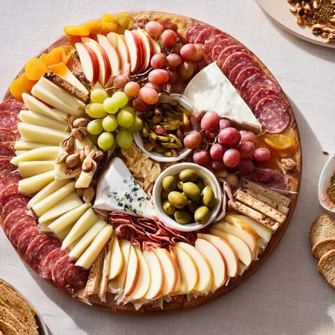 This Elegant Gilded Edge appetizer board features artful cheese and meat arrangements around its edge.