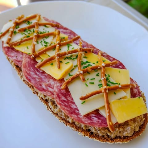 A close-up shot of The Lattice Window, showing the pretzel lattice over layered meats and cheese.