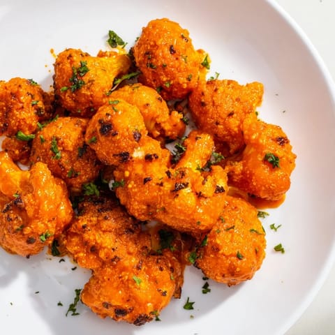 Tempting appetizer of Sriracha-Buffalo Cauliflower Bites with a creamy dip and fresh herbs.