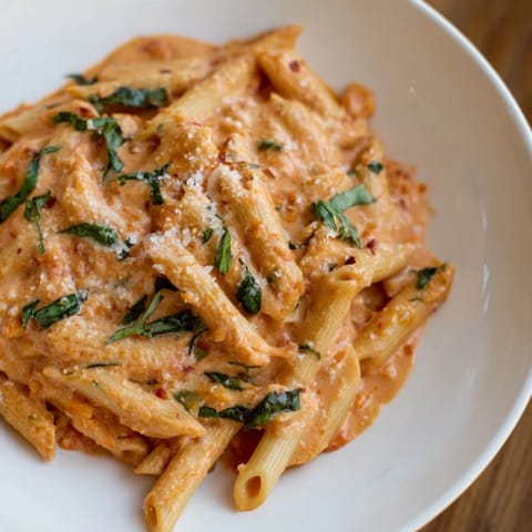 A comforting close-up: flavorful Basil Garlic One-Pot Creamy Tomato Pasta glistening with fresh herbs.
