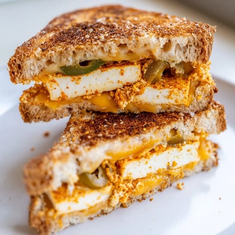 Toasted sourdough embracing flavorful Spicy Crispy Tofu Grilled Cheese, offering a satisfying vegan meal.