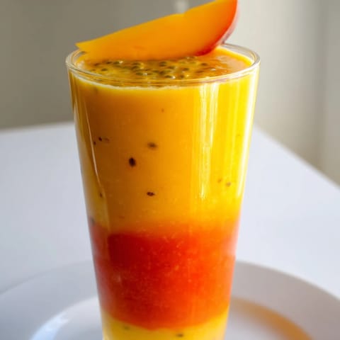 Refreshing Tropical Sunset Smoothie boasts a creamy ombré effect, perfect for a sunny morning treat.