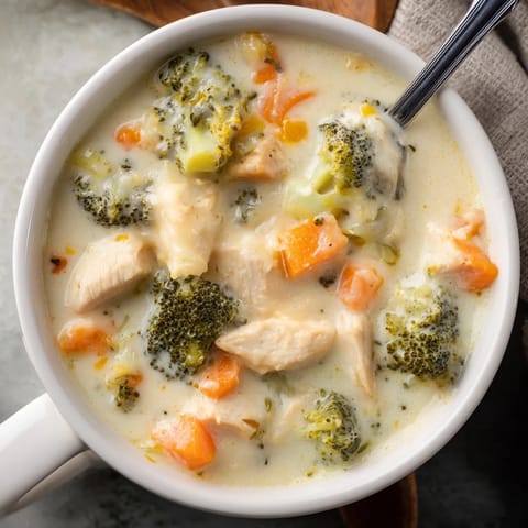 A ladle of hearty Chicken Broccoli Cheddar Soup pours smoothly, revealing cooked chicken and fresh broccoli florets.