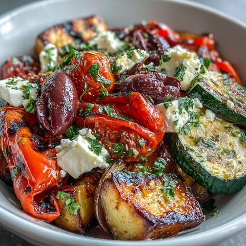 Warm Roasted Greek Salad with vibrant colors, tender vegetables, and creamy feta.