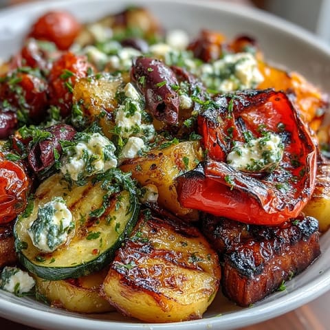 Savory Mediterranean Roasted Greek Salad, a flavorful, easy meal with zesty dressing.