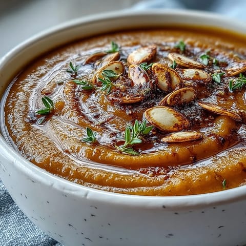 Smooth, creamy butternut squash soup steaming in a white bowl with a maple syrup drizzle.