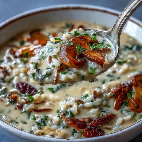 A close-up of Wild Rice Mushroom Soup, highlighting the creamy broth, tender wild rice, and sautéed wild mushrooms garnished with fresh parsley.