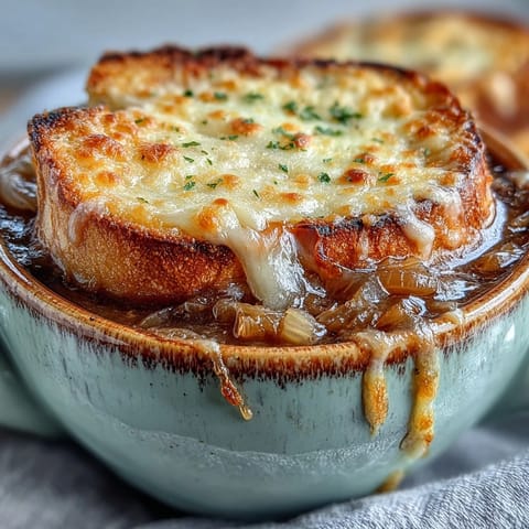 Steaming Classic French Onion Soup served in a crock, topped with crusty bread and caramelized onions.