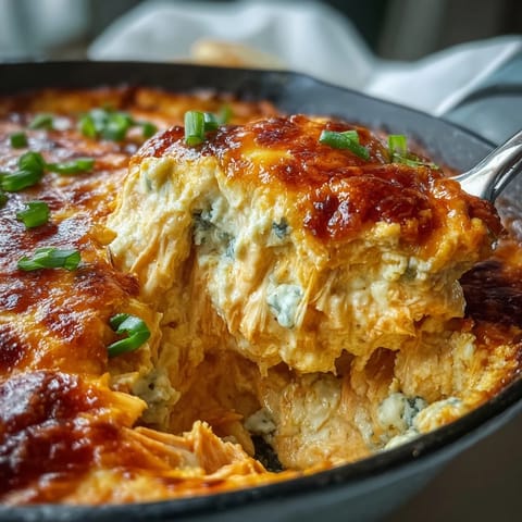 A warm bowl of Buffalo Chicken Dip served with crunchy celery sticks and blue cheese drizzle.