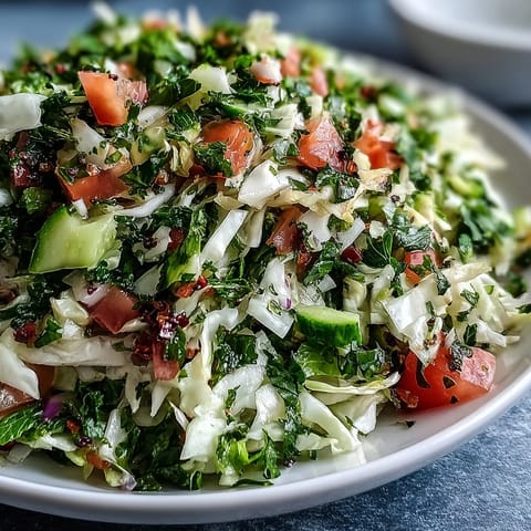Freshly prepared Lebanese Cabbage Salad tossed with a zesty lemon dressing and extra-virgin olive oil, ready to be served as a refreshing vegan side dish.