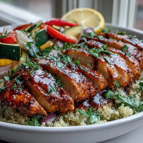 Paprika herb chicken, quinoa, and roasted vegetables are topped with rose harissa drizzle and fresh parsley.  
