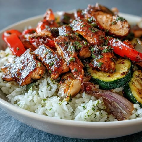 A sizzling Sheet Pan Fajita Bowl topped with avocado, cilantro, and fresh pico de gallo.