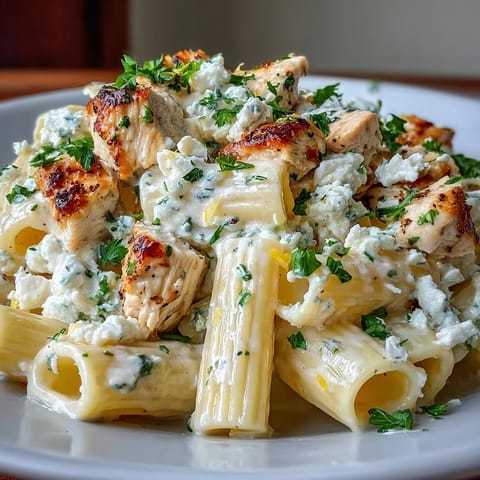 Steaming bowl of Creamy Lemon Feta Chicken Pasta with golden chicken and melted feta on a rustic table.