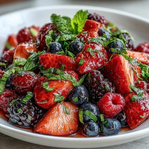 A serving bowl of Fresh Summer Berry Salad with Mint and Honey, featuring colorful berries glistening with a sweet drizzle.