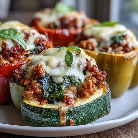 Stuffed Bell Peppers filled with savory ground turkey, zucchini, and brown rice, resting on a marble kitchen counter.
