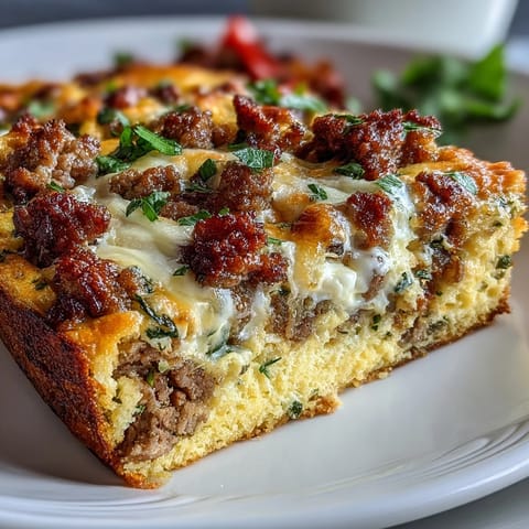 A slice of Keto Sausage and Egg Breakfast Bake with Peppers on a plate, showcasing fluffy eggs and melted cheese.