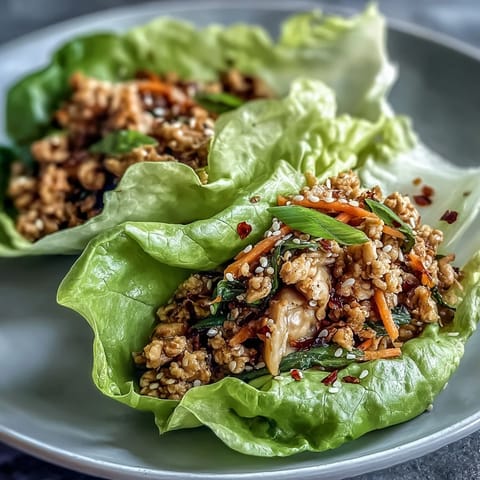 Vibrant turkey potsticker lettuce wraps bursting with ginger-garlic flavor, served with crunchy Napa cabbage and carrots.  