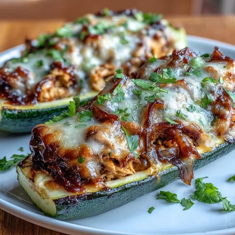 Delicious BBQ chicken stuffed zucchini boats with melted cheese and tender chicken, perfect for a healthy low-carb dinner.