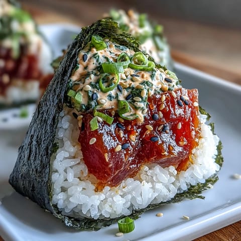Spicy tuna onigiri rice balls filled with flavorful tuna mixture and wrapped in crisp nori seaweed.  