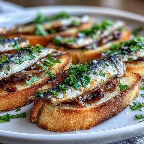 Crispy crostini topped with sardines, lemon zest, and parsley for a fresh appetizer.  