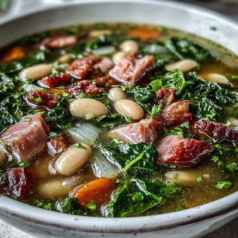 A steaming bowl of ham and kale white bean soup with tender ham chunks, creamy beans, and vibrant kale in a savory broth.