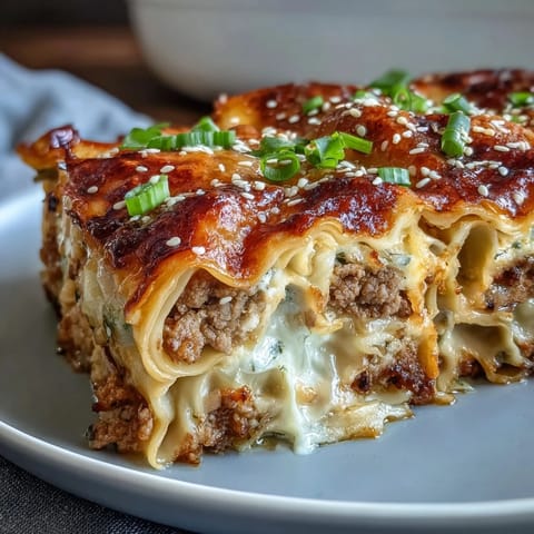 Delicious dumpling lasagna bake with ground pork and cabbage, golden layers of tender wrappers and savory filling baked to perfection.