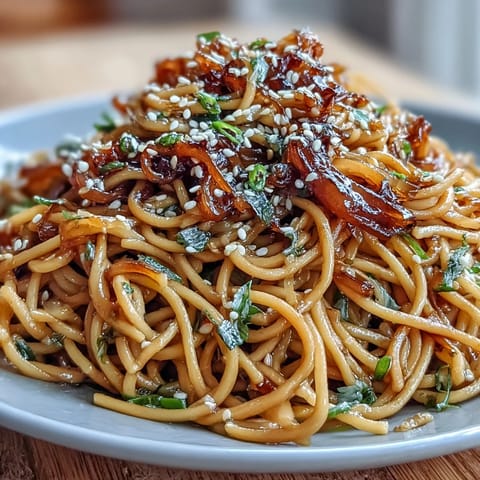 Vibrant Asian Ginger Scallion Noodles with Soy Glaze - Fresh ginger and scallions mingle with wheat noodles in a glossy soy glaze, garnished with sesame seeds.
