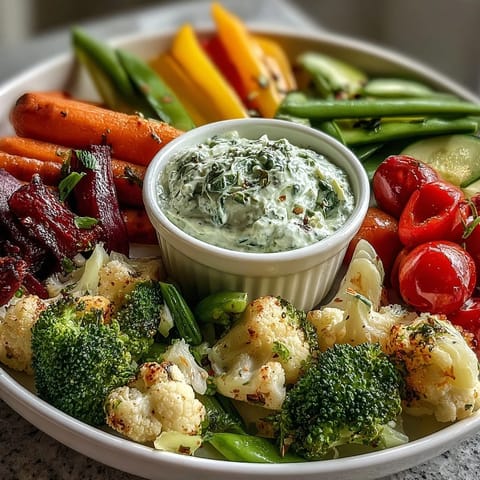Kid-friendly Little Sprout Veggie Platter with Green Goddess Dip: vibrant mix of crisp veggies paired with tangy, homemade green dip for healthy snacking.  