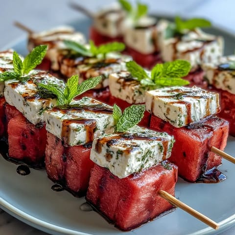 Fresh watermelon, feta, and mint skewers drizzled with olive oil, perfect for summer parties.  