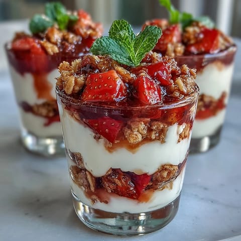 Elegant mini parfaits featuring sweet strawberries, honey-sweetened yogurt, and granola served in shot glasses for easy entertaining.  