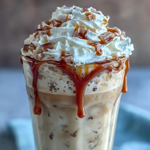 Creamy vanilla bean frappuccino with caramel drizzle, a refreshing iced coffee drink topped with whipped cream and rich caramel sauce.  