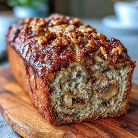 A golden loaf of sourdough discard banana nut bread topped with a crunchy brown sugar crust, perfect for breakfast or snacking.