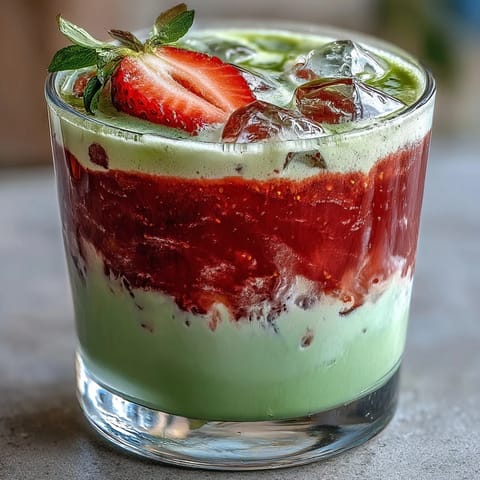 Vibrant iced strawberry matcha latte with layers of sweet strawberry puree, creamy milk, and earthy matcha green tea in a tall glass.
