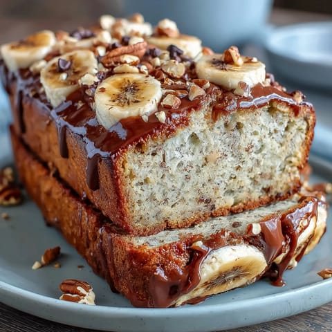Moist high-protein banana bread with Greek yogurt, golden crust and sliced on a wooden board for a healthy breakfast treat.