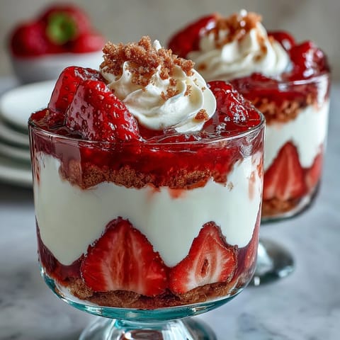 Layered strawberry shortcake trifle in mason jars with fresh strawberries, whipped cream, and golden shortcake cubes.