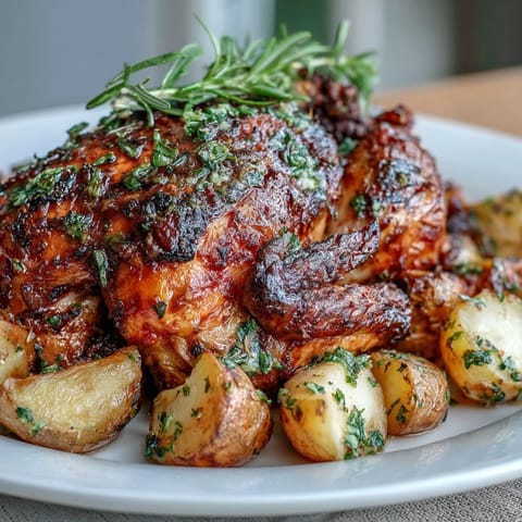 Lemon herb roasted chicken and potatoes, with crispy golden skin and tender vegetables, ready for a family dinner.  