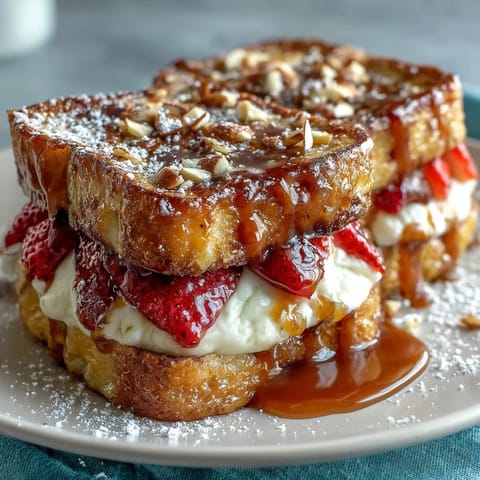 Warm, golden-baked French toast casserole with fresh strawberries and brioche, topped with crunchy almonds and dusted with powdered sugar.