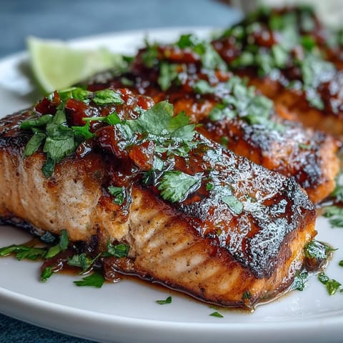 Grilled Salmon with Strawberry Salsa served on a white plate, juicy fillets topped with bright red salsa and fresh herbs.