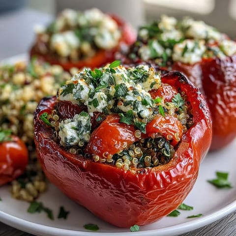 Vibrant bell peppers stuffed with quinoa, fresh herbs, and vegetables, baked to tender perfection for a wholesome vegetarian meal.
