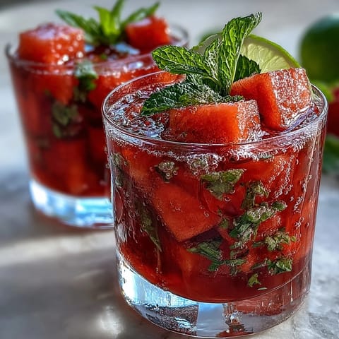 Refreshing watermelon mint vodka spritz mocktail with juicy fruit and vibrant mint leaves, served over ice with a citrus twist.
