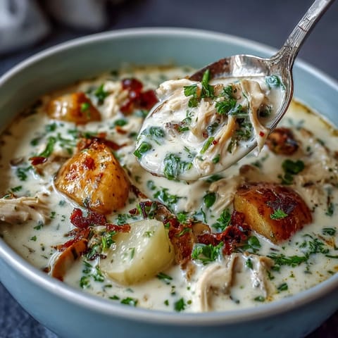 Slow Cooker Chicken Pot Pie Soup with tender chicken and hearty vegetables in a creamy broth, served in a rustic bowl with a flaky biscuit on the side.