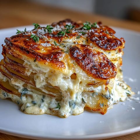 Elegant scalloped potatoes with Gruyere, featuring thinly sliced potatoes baked in nutmeg-scented cream and topped with bubbling, golden-brown cheese.  