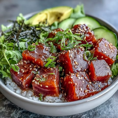 Bright and colorful Spring Tuna Poke Bowl featuring tender tuna, fresh vegetables, and a tangy ponzu sauce for a light meal.