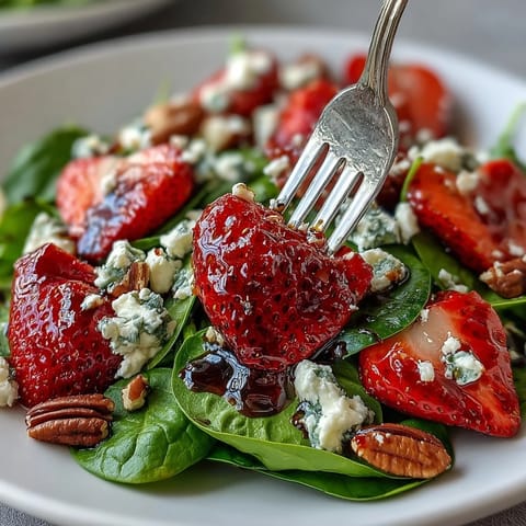 Fresh strawberry spinach salad with creamy goat cheese and toasted pecans, tossed in tangy balsamic vinaigrette for a sweet and savory bite.