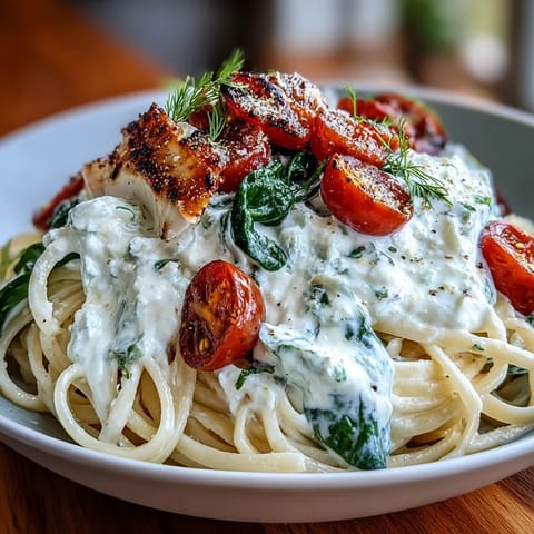High-protein pasta bowl with grilled chicken, creamy cottage cheese, and fresh spinach in a hearty, nourishing dish.