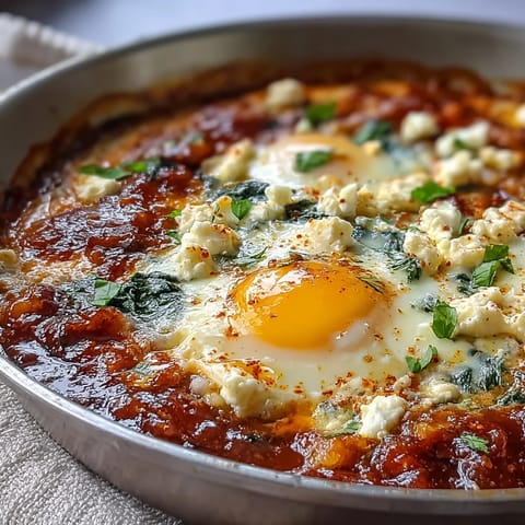 Spinach and Feta Shakshuka with perfectly poached eggs in a spiced tomato and spinach sauce, topped with creamy feta and fresh herbs.