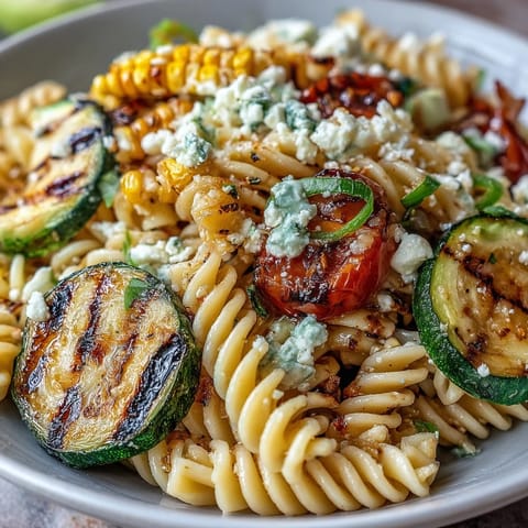 Vibrant Pasta Salad with Grilled Zucchini, Corn, and Cotija, perfect summer side.
