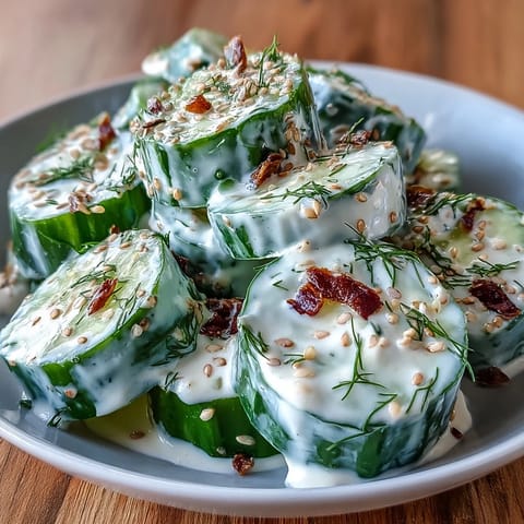 Crisp TikTok Cucumber Salad with savory Everything Bagel Dressing, a refreshing side.